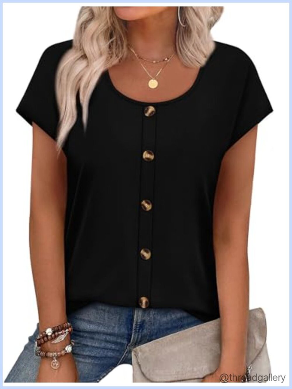 Womens Summer Top Cap Short Sleeve Button Down Blouse U Neck T Shirt